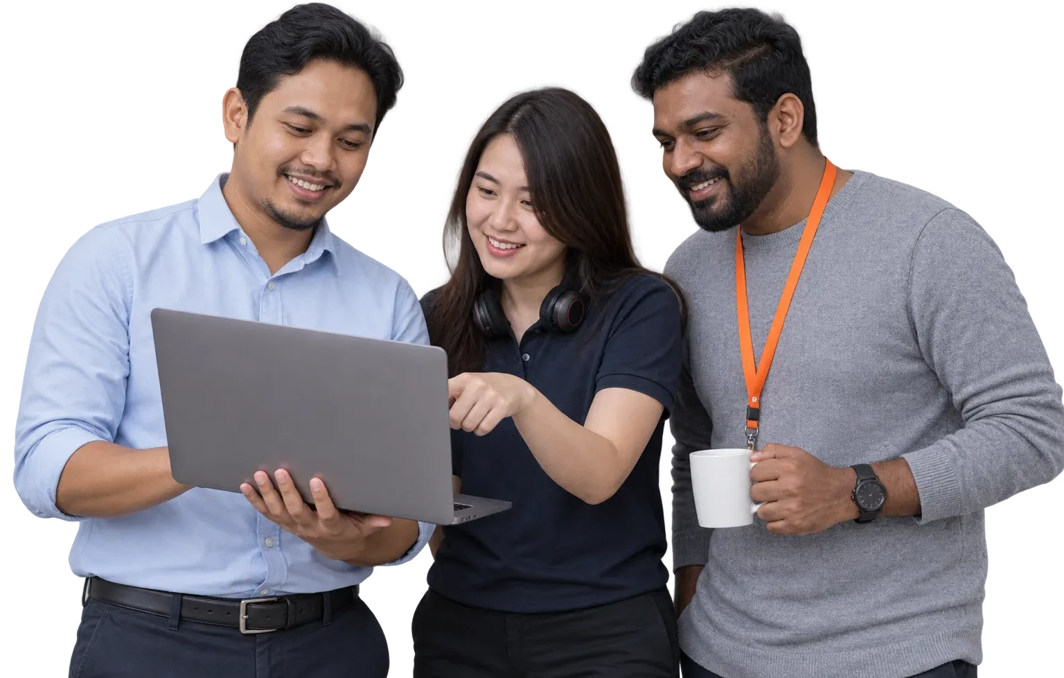 Three ORENCloud engineers in Kuala Lumpur reviewing a laptop together