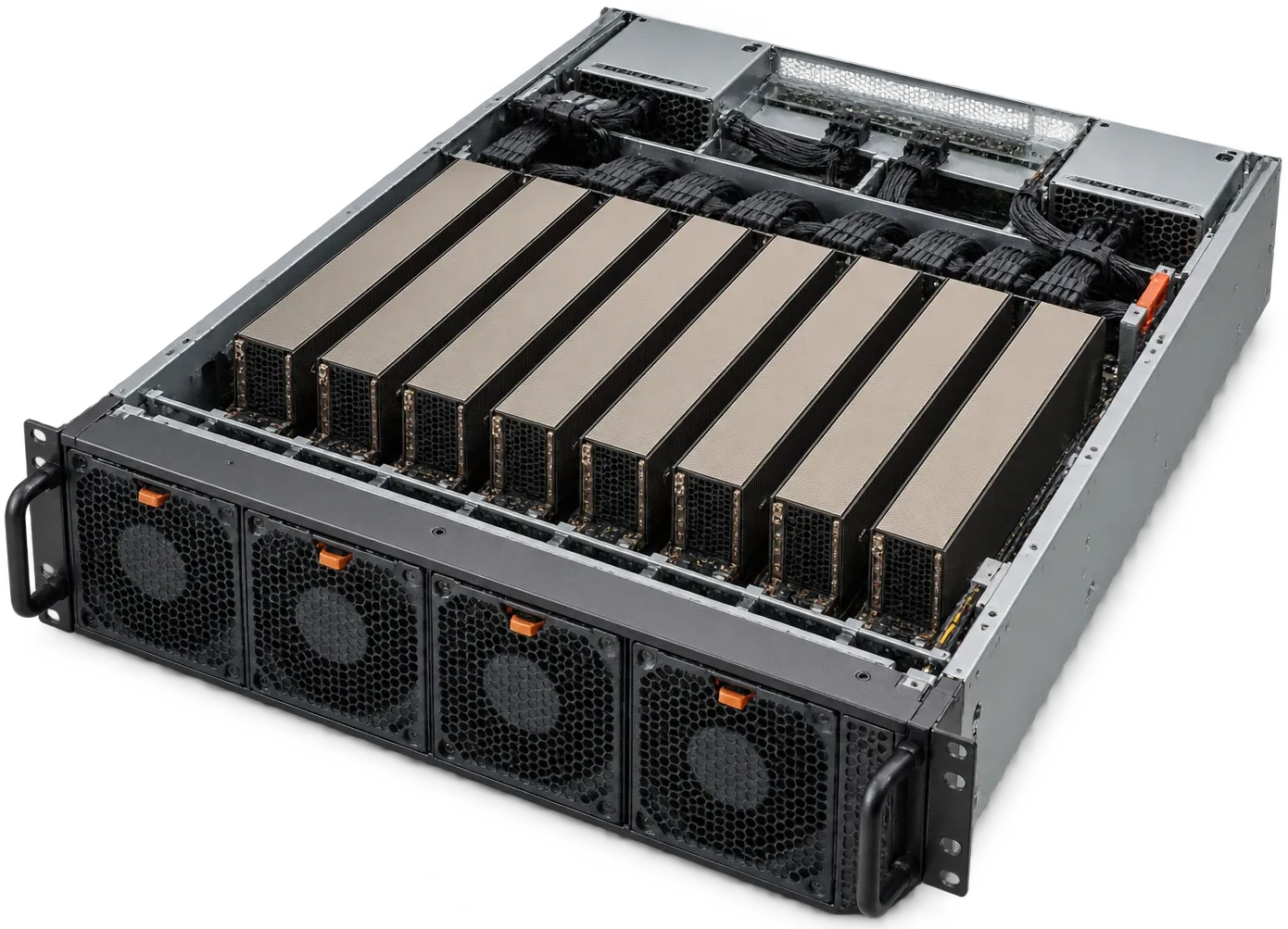 Rack-mounted GPU server with its cover removed